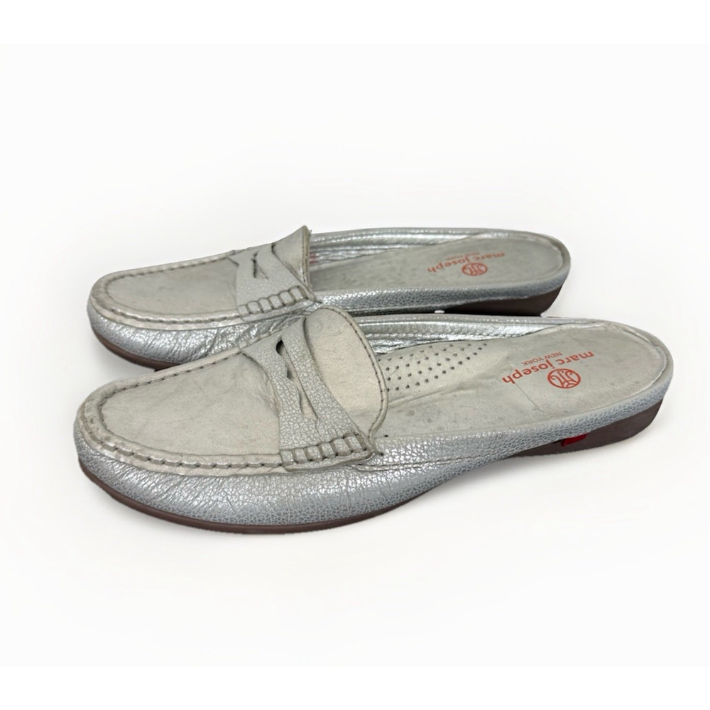 Marc Joseph NY Slip In Mule Union Loafers Shoes Sz 8.5 Silver Metallic Moccasin